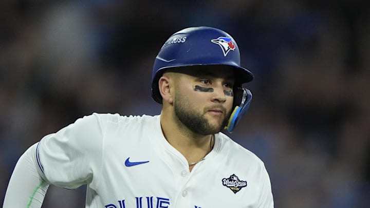 Nov 1, 2025; Toronto, Ontario, CAN; Toronto Blue Jays designated hitter Bo Bichette (11) runs after hitting a three run home run against the Los Angeles Dodgers in the third inning during game seven of the 2025 MLB World Series at Rogers Centre. Mandatory Credit: John E. Sokolowski-Imagn Images