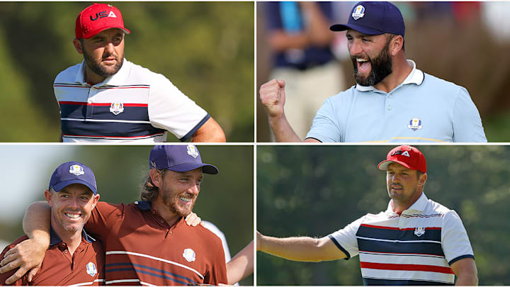Central figures (clockwise from top left) Scheffler, Rahm, DeChambeau, Fleetwood and McIlroy.