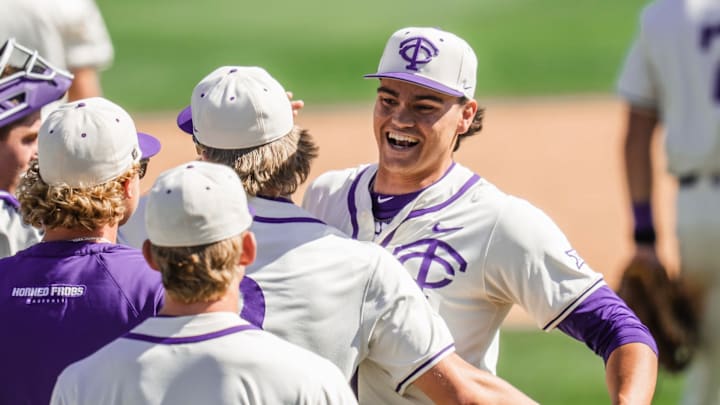Noah Franco celebrates with teammates after TCU's series sweep of Texas Tech at Lupton Stadium