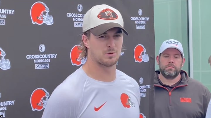 Cleveland Browns quarterback Kenny Pickett talks to reporters on May 28, 2025.