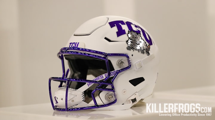 The TCU helmet on display at Big 12 Media Days in Frisco, Texas.