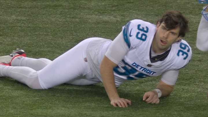 Jake Bates stays limber during the Lions - 49ers game. Jake Bates stays limber during the Lions - 49ers game.