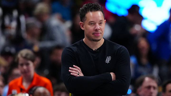 Apr 4, 2026; Denver, Colorado, USA; San Antonio Spurs coach Mitch Johnson during the third quarter against the Denver Nuggets at Ball Arena.