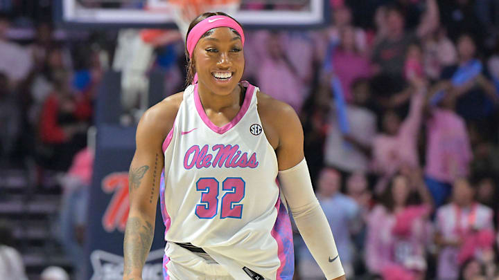 Ole Miss forward Cotie McMahon (32) reacts to making a three-pointer against LSU in a NCAA women’s college basketball game at the Sandy and John Black Pavilion at Ole Miss in Oxford, Miss. on Thursday, Feb. 19, 2026.