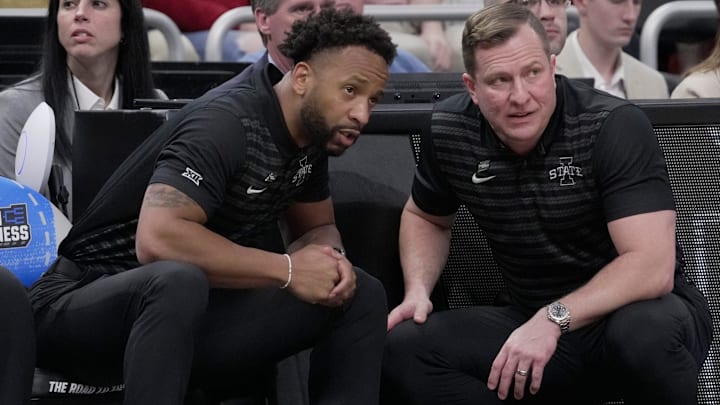 Iowa State head coach T. J. Otzelberger, right and assistant coach JR Blount are shown during the second half of their second round NCAA men’ s basketball tournament game Sunday, March 23, 2025 at Fiserv Forum in Milwaukee, Wisconsin. Mississippi beat Iowa State 91-78. Otzelberger went to St. Thomas More High School in Milwaukee and played at UW-Whitwater. Blount went to school at Dominican High School in Whitefish Bay, Wisconsin.