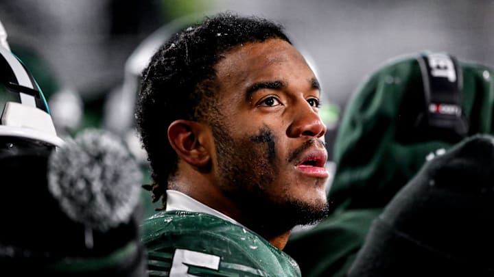 Michigan State's Jordan Hall looks on form the sideline against Rutgers' during the fourth quarter on Saturday, Nov. 30, 2024, at Spartan Stadium in East Lansing.