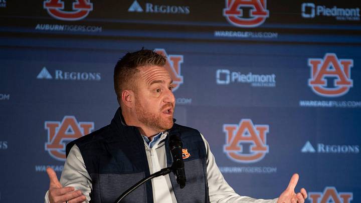 Auburn Tigers football head coach Alex Golesh speaks during a press conference at Woltosz Performance Center in Auburn, Ala. on Monday, Dec. 8, 2025.