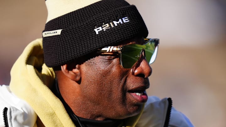 Nov 29, 2024; Boulder, Colorado, USA; Colorado Buffaloes head coach Deion Sanders before the game against the Oklahoma State Cowboys at Folsom Field. Mandatory Credit: Ron Chenoy-Imagn Images