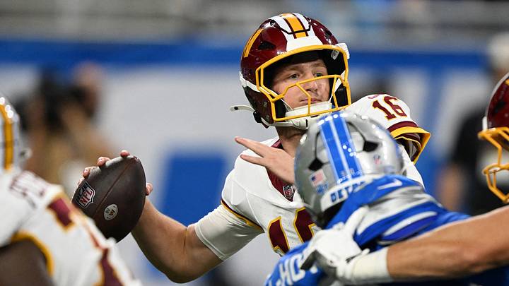 Aug 22, 2026; Detroit, Michigan, USA; Washington Commanders quarterback Athan Kaliakmanis (16) throws a pass against the Detroit Lions in the third quarter at Ford Field. Mandatory Credit: Lon Horwedel-Imagn Images Aug 22, 2026; Detroit, Michigan, USA; Washington Commanders quarterback Athan Kaliakmanis (16) throws a pass against the Detroit Lions in the third quarter at Ford Field. Mandatory Credit: Lon Horwedel-Imagn Images