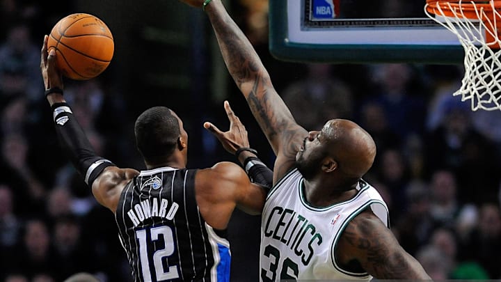 Orlando Magic franchise legends Dwight Howard and Shaquille O'Neal, pictured here when O'Neal was with the Boston Celtics.