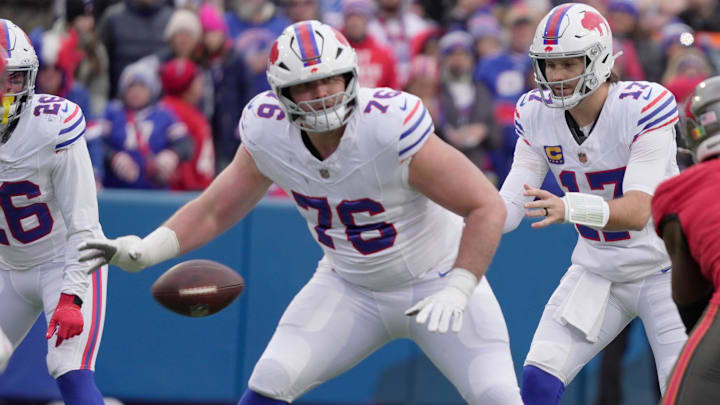 Buffalo Bills guard David Edwards protects Buffalo Bills quarterback Josh Allen against the Tampa Bay Buccaneers on Nov 16, 2025 at Highmark Stadium in Orchard Park. Buffalo Bills guard David Edwards protects Buffalo Bills quarterback Josh Allen against the Tampa Bay Buccaneers on Nov 16, 2025 at Highmark Stadium in Orchard Park.