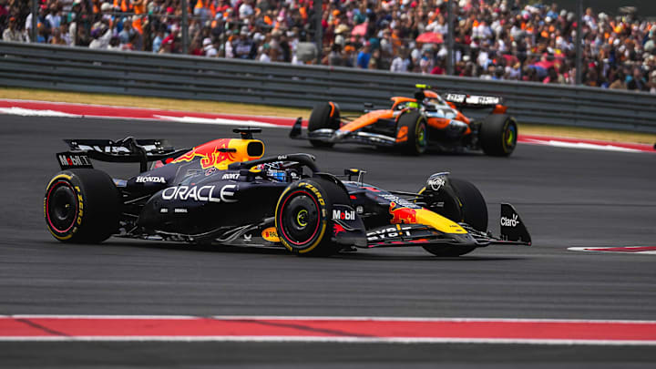 Oracle Red Bull racing driver Max Verstappen rounds turn one during the sprint race at the Formula 1 Pirelli United States Grand Prix at Circuit of the Americas on Saturday, Oct. 19, 2024.