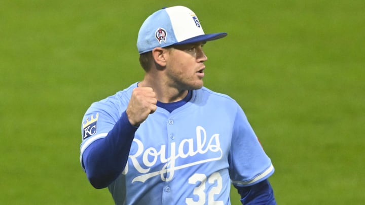 Sep 11, 2025; Cleveland, Ohio, USA; Kansas City Royals starting pitcher Stephen Kolek (32) celebrates a double play in the fifth inning against the Cleveland Guardians at Progressive Field. Mandatory Credit: David Richard-Imagn Images