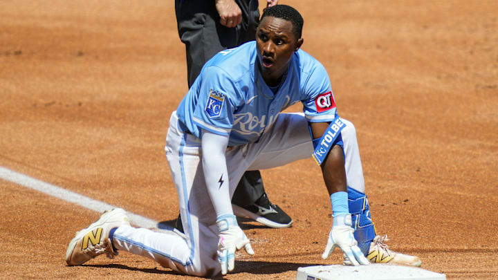 Aug 21, 2025; Kansas City, Missouri, USA; Kansas City Royals center fieler Tyler Tolbert (2) reacts after being tagged out while trying to stretch a double during the second inning against the Texas Rangers at Kauffman Stadium. Mandatory Credit: Jay Biggerstaff-Imagn Images