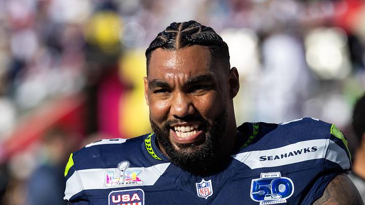 Seattle Seahawks defensive end Leonard Williams (99) looks on before Super Bowl LX 