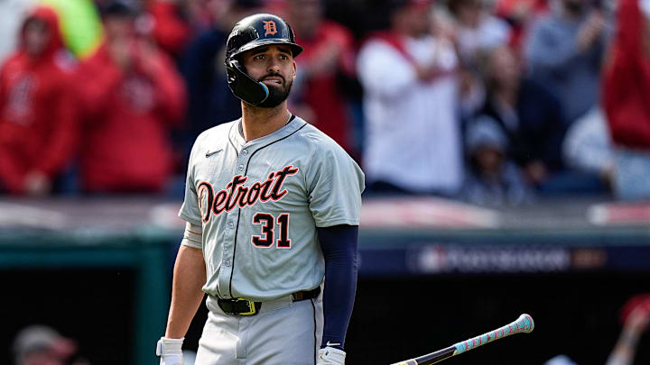 Detroit Tigers pitcher Tarik Skubal (29) reacts after struck out against Cleveland Guardians during the third inning at Game 5 of ALDS at Progressive Field in Cleveland, Ohio on Saturday, Oct. 12, 2024.