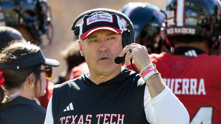 Oct 18, 2025; Tempe, Arizona, USA; Texas Tech Red Raiders head coach Joey McGuire against the Arizona State Sun Devils in the first half at Mountain America Stadium. 