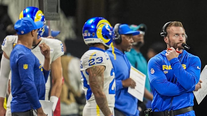 Dec 29, 2025; Atlanta, Georgia, USA; Los Angeles Rams head coach Sean McVay reacts on the sideline against the Atlanta Falcons during the first half at Mercedes-Benz Stadium. Mandatory Credit: Dale Zanine-Imagn Images