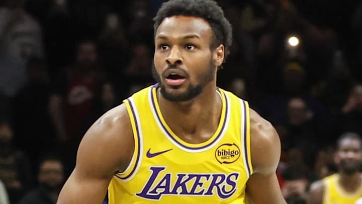 Feb 3, 2026; Brooklyn, New York, USA;  Los Angeles Lakers guard Bronny James (9) looks for an open teammate in the fourth quarter against the Brooklyn Nets at Barclays Center. Mandatory Credit: Wendell Cruz-Imagn Images