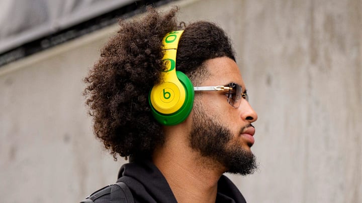 Oregon quarterback Dante Moore arrives at the field as the Oregon Ducks take on the Washington Huskies on Nov. 29, 2025, at Husky Stadium in Seattle, Washington.