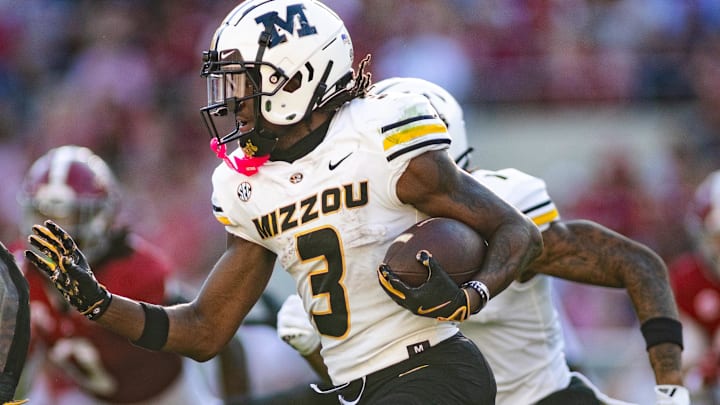 Oct 26, 2024; Tuscaloosa, Alabama, USA;  Missouri Tigers wide receiver Luther Burden III (3) runs the ball against the Alabama Crimson Tide during the second quarter at Bryant-Denny Stadium. Mandatory Credit: Will McLelland-Imagn Images