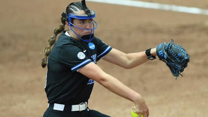 Kentucky freshman Carson Fall (23) pitches to Clemson during the top of the third inning of the NCAA Softball Clemson Regional at McWhorter Stadium in Clemson Sunday, May 18, 2025.