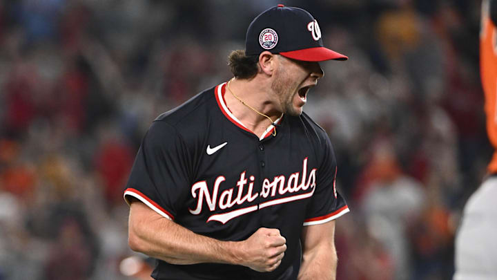 Apr 23, 2025; Washington, District of Columbia, USA; Washington Nationals pitcher Kyle Finnegan (67) reacts after the final out against the Baltimore Orioles at Nationals Park.