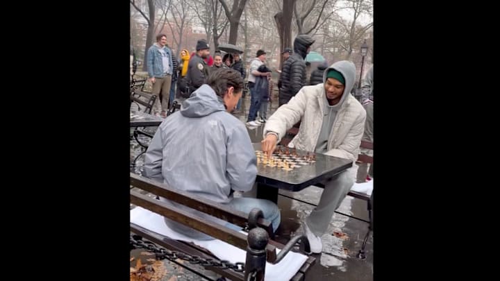Victor Wembanyama playing chess in NYC on Dec. 28, 2024.