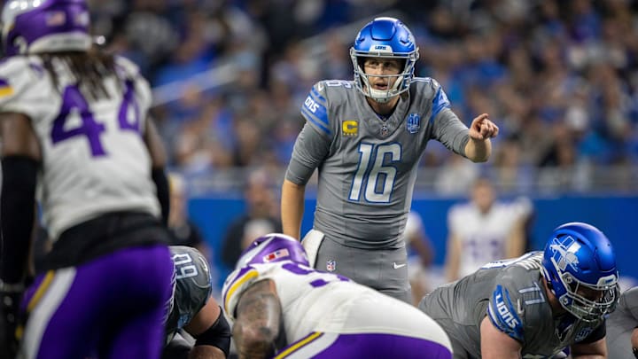 Lions quarterback Jared Goff calls a play against the Vikings late in the 2023 season