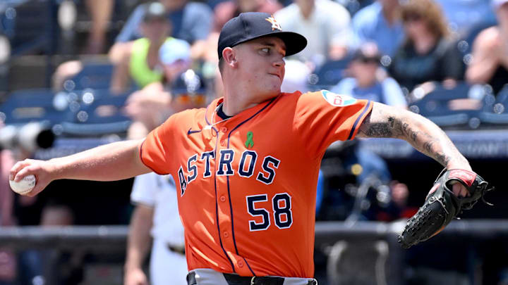 May 21, 2025; St. Petersburg, Florida, USA; Houston Astros starting pitcher Hunter Brown (58) throws a pitch in the first inning against the Tampa Bay Rays  at George M. Steinbrenner Field.