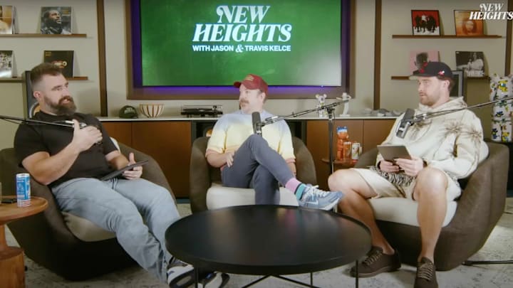 Jason Sudeikis with Travis Kelce and Jason Kelce on an episode of New Heights.