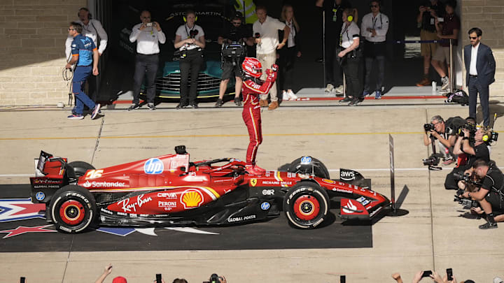 Oct 20, 2024; Austin, Texas, USA; Scuderia Ferrari driver Charles Leclerc of Team Monaco celebrates his win at the Formula 1 Pirelli United States Grand Prix at Circuit of the Americas. Mandatory Credit: Jay Janner-Imagn Images Oct 20, 2024; Austin, Texas, USA; Scuderia Ferrari driver Charles Leclerc of Team Monaco celebrates his win at the Formula 1 Pirelli United States Grand Prix at Circuit of the Americas. Mandatory Credit: Jay Janner-Imagn Images