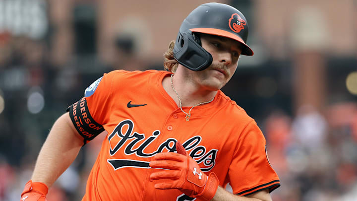 Apr 19, 2025; Baltimore, Maryland, USA; Baltimore Orioles shortstop Gunnar Henderson (2) rounds the bases after hitting a home run during the first inning against the Cincinnati Reds at Oriole Park at Camden Yards 