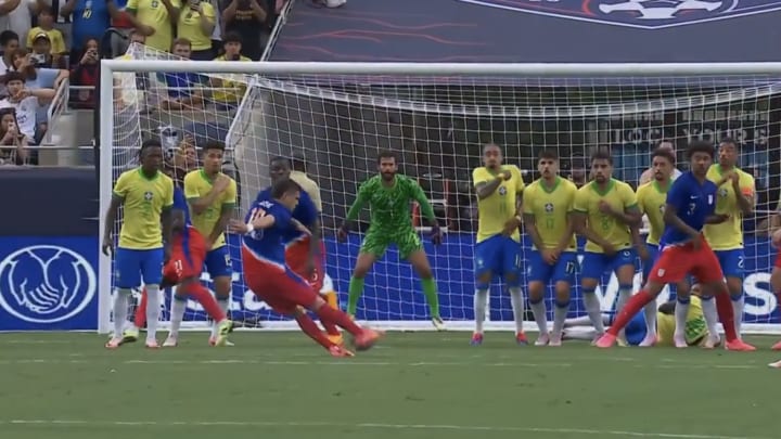 USMNT winger Christian Pulisic scores a free kick goal against Brazil in the Allstate Continental Clásico at Camping World Stadium in Orlando, Fla. 