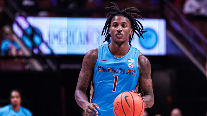 Tallahassee, FL - Florida State Basketball forward Jamir Watkins brings the ball upcourt against Hofstra Pride Tallahassee, FL - Florida State Basketball forward Jamir Watkins brings the ball upcourt against Hofstra Pride