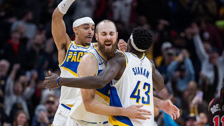 Nov 29, 2025; Indianapolis, Indiana, USA; Indiana Pacers forward Pascal Siakam (43) celebrates with center Jay Huff (32) and guard Andrew Nembhard (2) after scoring the game-winning basket against the Chicago Bulls at Gainbridge Fieldhouse. Mandatory Credit: Trevor Ruszkowski-Imagn Images