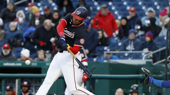 Apr 8, 2025; Washington, District of Columbia, USA; Washington Nationals outfielder James Wood (29) hits a two run home run against the Los Angeles Dodgers during the first inning at Nationals Park.