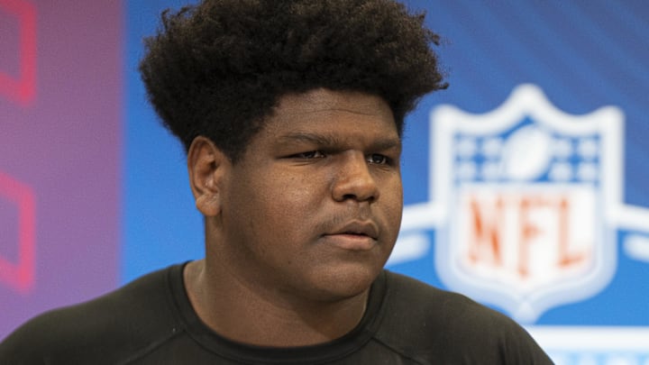 Mar 1, 2025; Indianapolis, IN, USA; University of Oregon offensive lineman Josh Conerly (OL07) answers questions at a press conference during the 2025 NFL Combine at Indiana Convention Center. Mandatory Credit: Jacob Musselman-Imagn Images