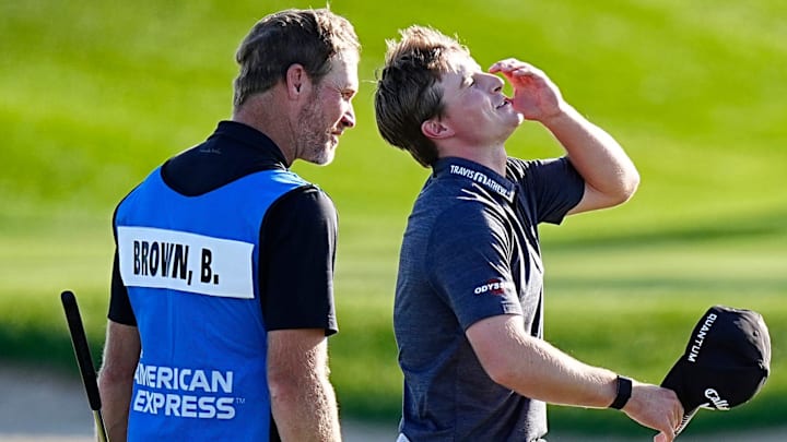 Blades Brown reacts to almost shooting a 59 in Round 2 of the American Express. 