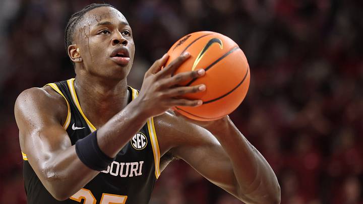 Feb 21, 2026; Fayetteville, Arkansas, USA; Missouri Tigers guard Mark Mitchell (25) shoots a free-throw during the second half against the Arkansas Razorbacks at Bud Walton Arena. Arkansas won 94-86. Mandatory Credit: Nelson Chenault-Imagn Images