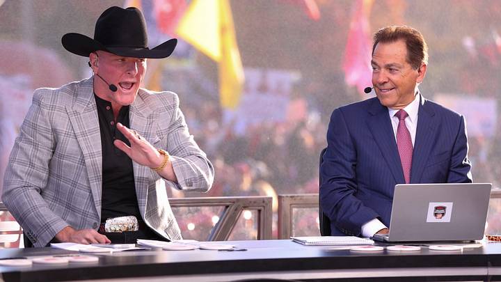 ESPN personality Pat McAfee talks during College GameDay with Nick Saban ESPN personality Pat McAfee talks during College GameDay with Nick Saban