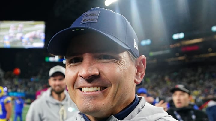 Mike Macdonald of the Seattle Seahawks smiles