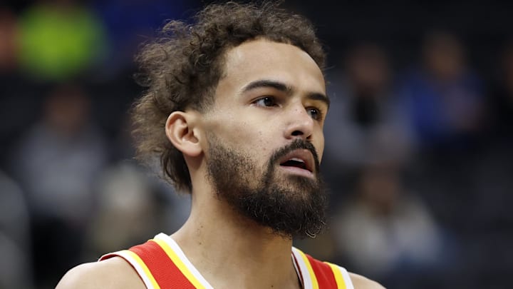 Trae Young #11 of the Atlanta Hawks reacts against the Detroit Pistons.
