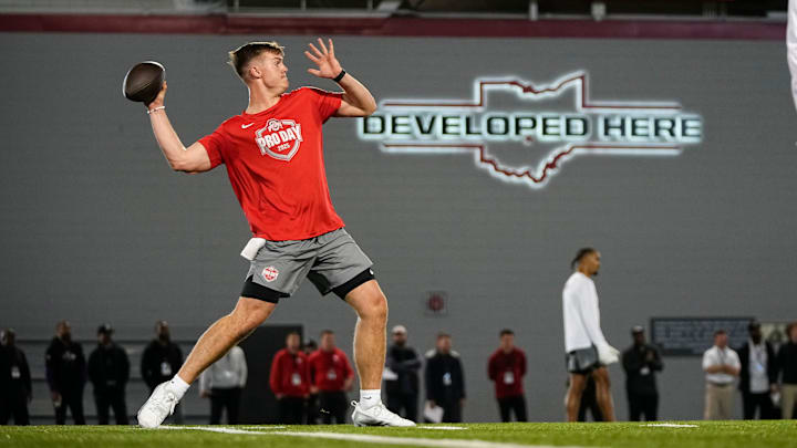 Ohio State Buckeyes quarterback Will Howard throws during the pro day for NFL scouts at the Woody Hayes Athletic Cente on March 26, 2025. Ohio State Buckeyes quarterback Will Howard throws during the pro day for NFL scouts at the Woody Hayes Athletic Cente on March 26, 2025.