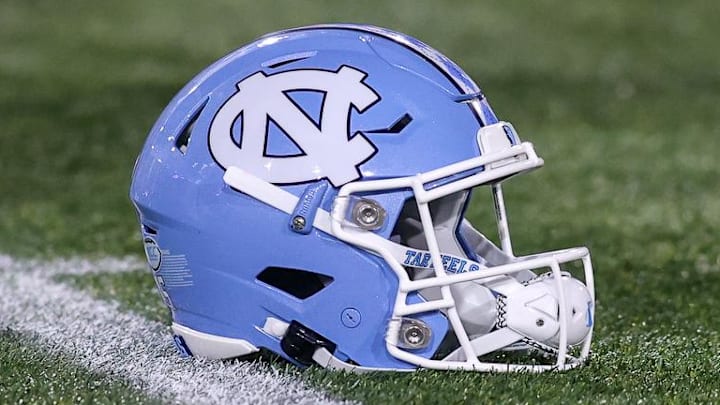 Oct 28, 2023; Atlanta, Georgia, USA; A detailed view of a North Carolina Tar Heels helmet on the field before a game against the Georgia Tech Yellow Jackets at Bobby Dodd Stadium at Hyundai Field. Mandatory Credit: Brett Davis-Imagn Images