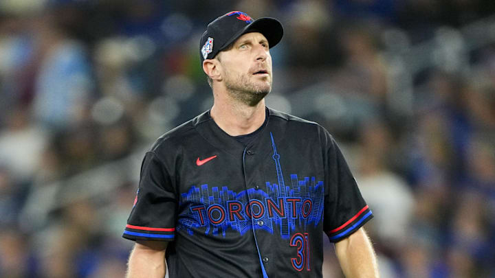 Apr 24, 2026; Toronto, Ontario, CAN; Toronto Blue Jays pitcher Max Scherzer (31) looks on against the Cleveland Guardians during the third inning at Rogers Centre. Mandatory Credit: Kevin Sousa-Imagn Images
