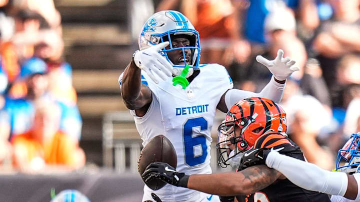 Detroit Lions cornerback Terrion Arnold (6), left, and cornerback Amik Robertson (21) break a pass intended for Cincinnati Bengals wide receiver Andrei Iosivas (80) during the first half at Paycor Stadium in Cincinnati on Sunday, Oct. 5, 2025. Detroit Lions cornerback Terrion Arnold (6), left, and cornerback Amik Robertson (21) break a pass intended for Cincinnati Bengals wide receiver Andrei Iosivas (80) during the first half at Paycor Stadium in Cincinnati on Sunday, Oct. 5, 2025.