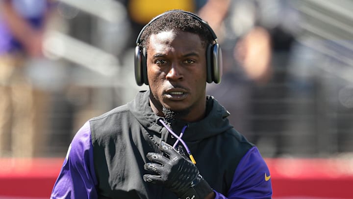 Sep 8, 2024; East Rutherford, New Jersey, USA; Minnesota Vikings wide receiver Jordan Addison (3) warms up before the game against the New York Giants at MetLife Stadium. Mandatory Credit: Vincent Carchietta-Imagn Images