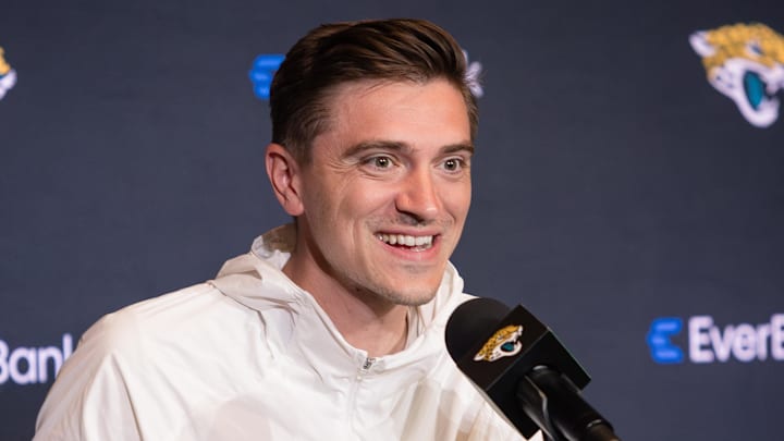 Apr 25, 2025; Jacksonville, FL, USA; Jacksonville Jaguars head general manager James Gladstone talks to the media during a press conference to introduce first round draft pick Travis Hunter (not pictured) at Miller Electric Center. Mandatory Credit: Travis Register-Imagn Images Apr 25, 2025; Jacksonville, FL, USA; Jacksonville Jaguars head general manager James Gladstone talks to the media during a press conference to introduce first round draft pick Travis Hunter (not pictured) at Miller Electric Center. Mandatory Credit: Travis Register-Imagn Images