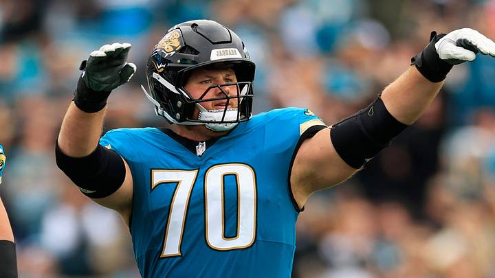 Jacksonville Jaguars offensive tackle Cole van Lanen (70) reacts to a stop during the fourth quarter of an NFL football matchup at EverBank Stadium, Sunday, Jan. 4, 2026, in Jacksonville, Fla. The Jaguars defeated the Titans 41-7, capturing the AFC South title. [Corey Perrine/Florida Times-Union]